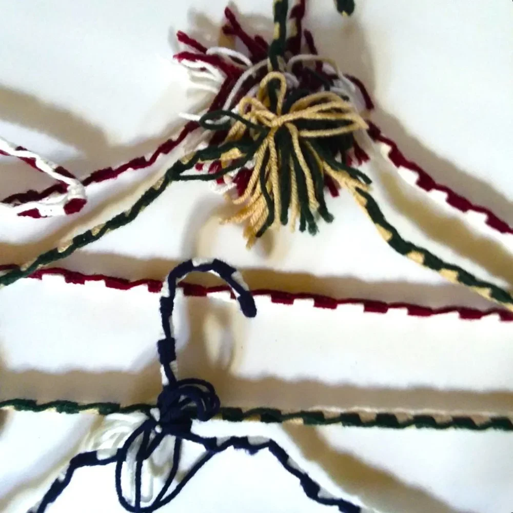 6 VTG 70s Crocheted Hangers Pom Poms Handmade Metal Boho Retro Granny Knit